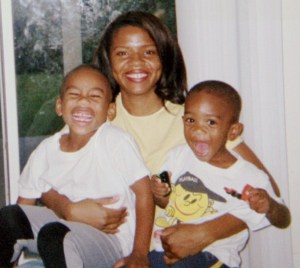 Mom and boys goofing